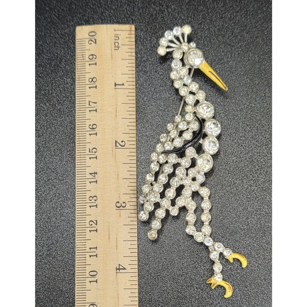 Antique Rhinestone Brooch Crane Bird with Rhinestones & Enamel 4.5” 1930s RARE - Picture 3 of 10